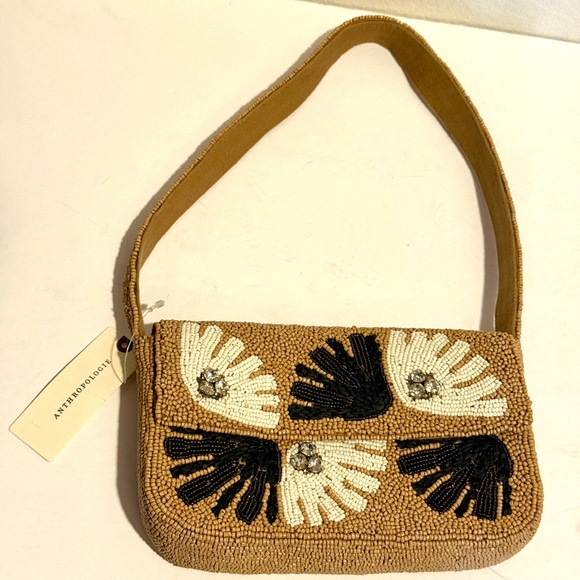 Anthropologie Fiona Beaded Bag Neutral Celandine Tan Shell Floral Shoulder Bag - Picture 2 of 9